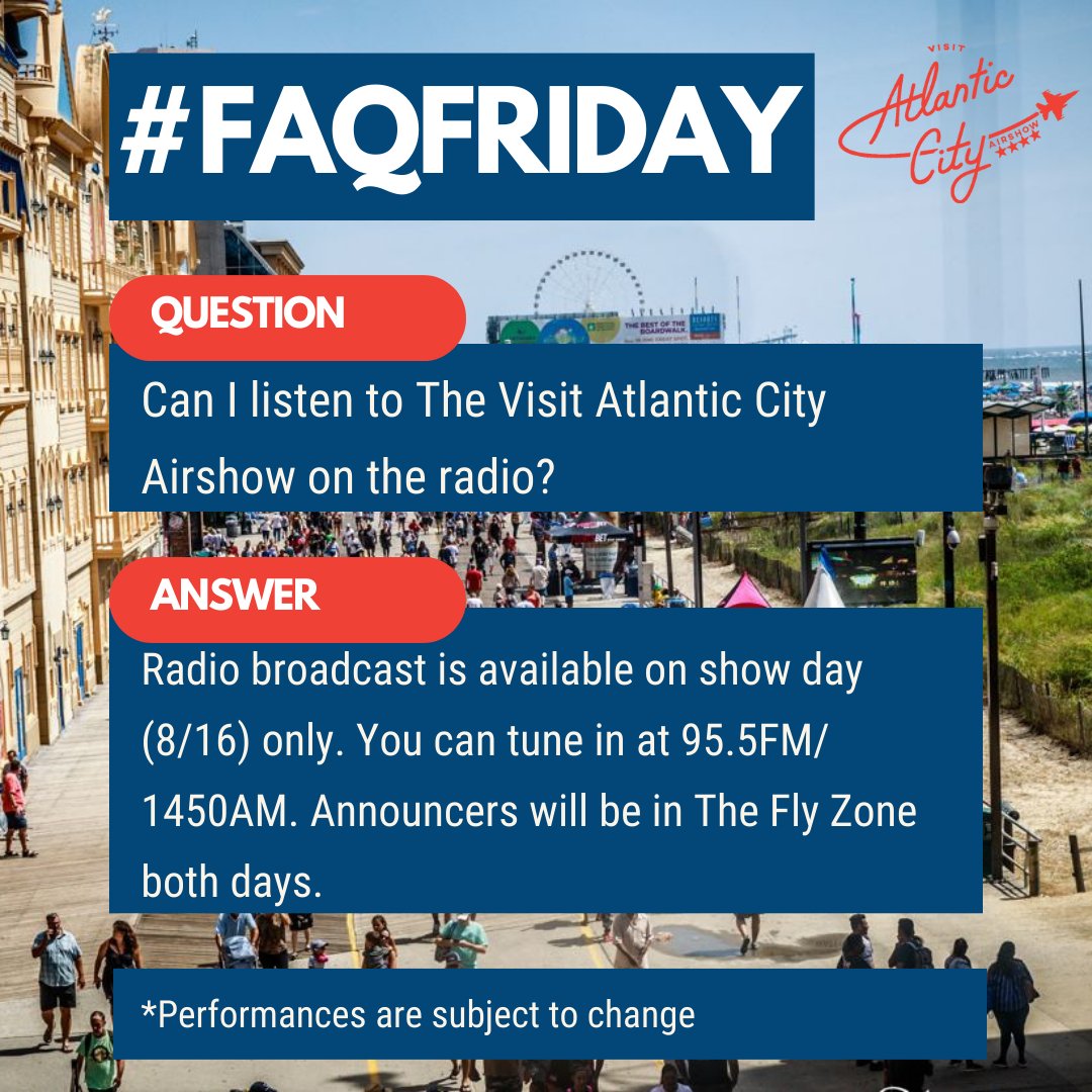 Happy #FAQFriday! Wondering if you can listen to The Visit Atlantic City Airshow via radio? 📻 The answer is Y-E-S! 👍 You can tune in to <a href="/WPG1450/">WPG Talk Radio 95.5 FM & 1450 AM</a> on 95.5FM/1450AM on show day, August 16, only 🛩️ Listen online at wpgtalkradio.com/listen-live/ 🌐 #ACAirshow #ACAirshow2023