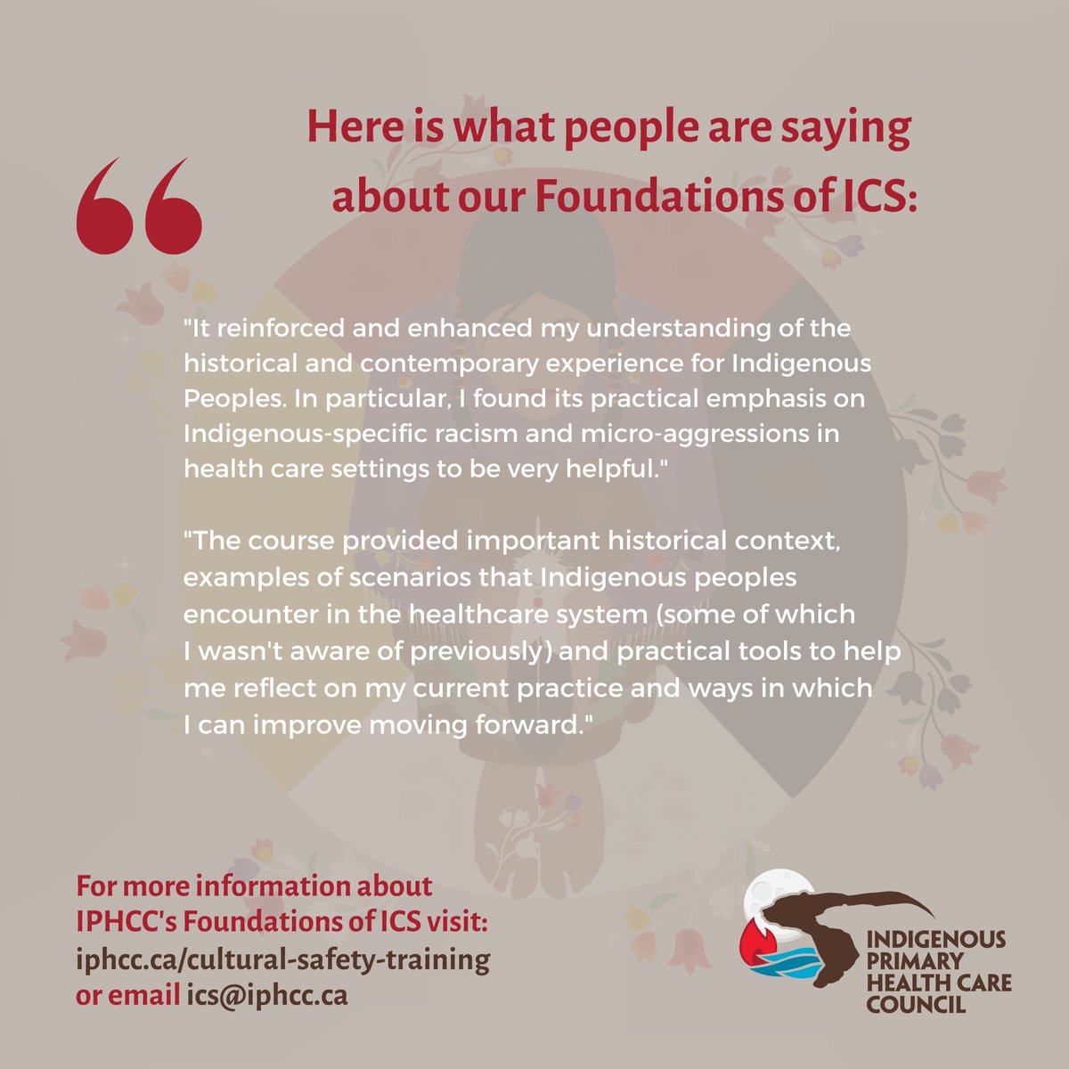 iphcc_ca's tweet photo. Did you know that IPHCC offers Indigenous Cultural Safety Training?
For more information about IPHCC's Foundations of ICS visit: https://t.co/m7XdJaG1Ka or email ics@iphcc.ca
Members, check out our Learning Portal here: https://t.co/1aNEqTGMU1
#CulturalSafety #IPHCC https://t.co/H8H1RtmQHd