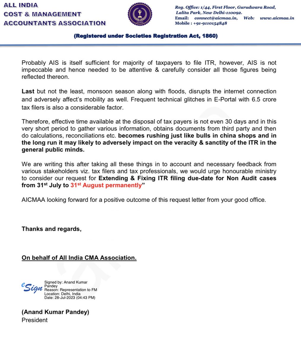 AICMAA's tweet photo. Request letter to shift ITR  filing due date to 31 August permanently. Kindly consider for larger interest  @IncomeTaxIndia @FinMinIndia @nsitharamanoffc @nsitharaman @PMOIndia 

#IncomeTaxReturn #Taxfiling #CMA #AICMAA https://t.co/CcGKFzCsqk