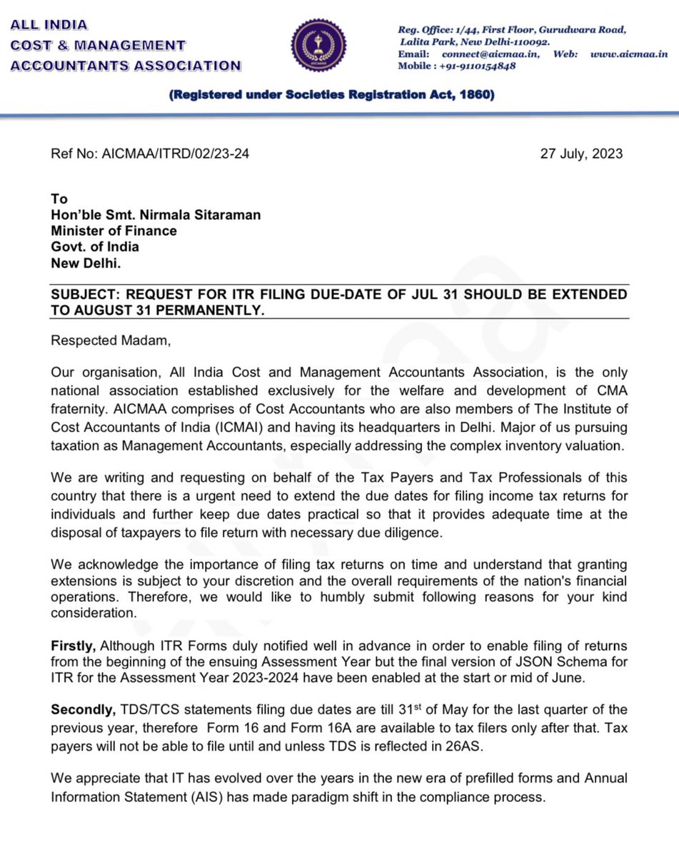 AICMAA's tweet photo. Request letter to shift ITR  filing due date to 31 August permanently. Kindly consider for larger interest  @IncomeTaxIndia @FinMinIndia @nsitharamanoffc @nsitharaman @PMOIndia 

#IncomeTaxReturn #Taxfiling #CMA #AICMAA https://t.co/CcGKFzCsqk