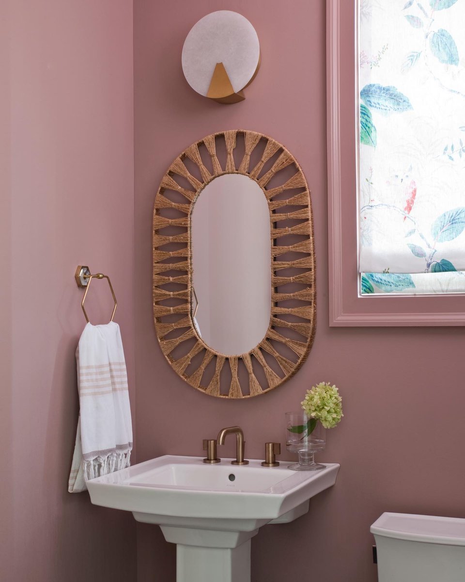 Embrace whimsical elegance! 💕 We are loving this enchanting mauve pink powder room with the chic alabaster Houston Sconce. ✨🛁 

Design: @littleblackfoxdesign
Photo: <a href="/christinawedge/">Christina Wedge</a> 
Lighting: Houston Sconce