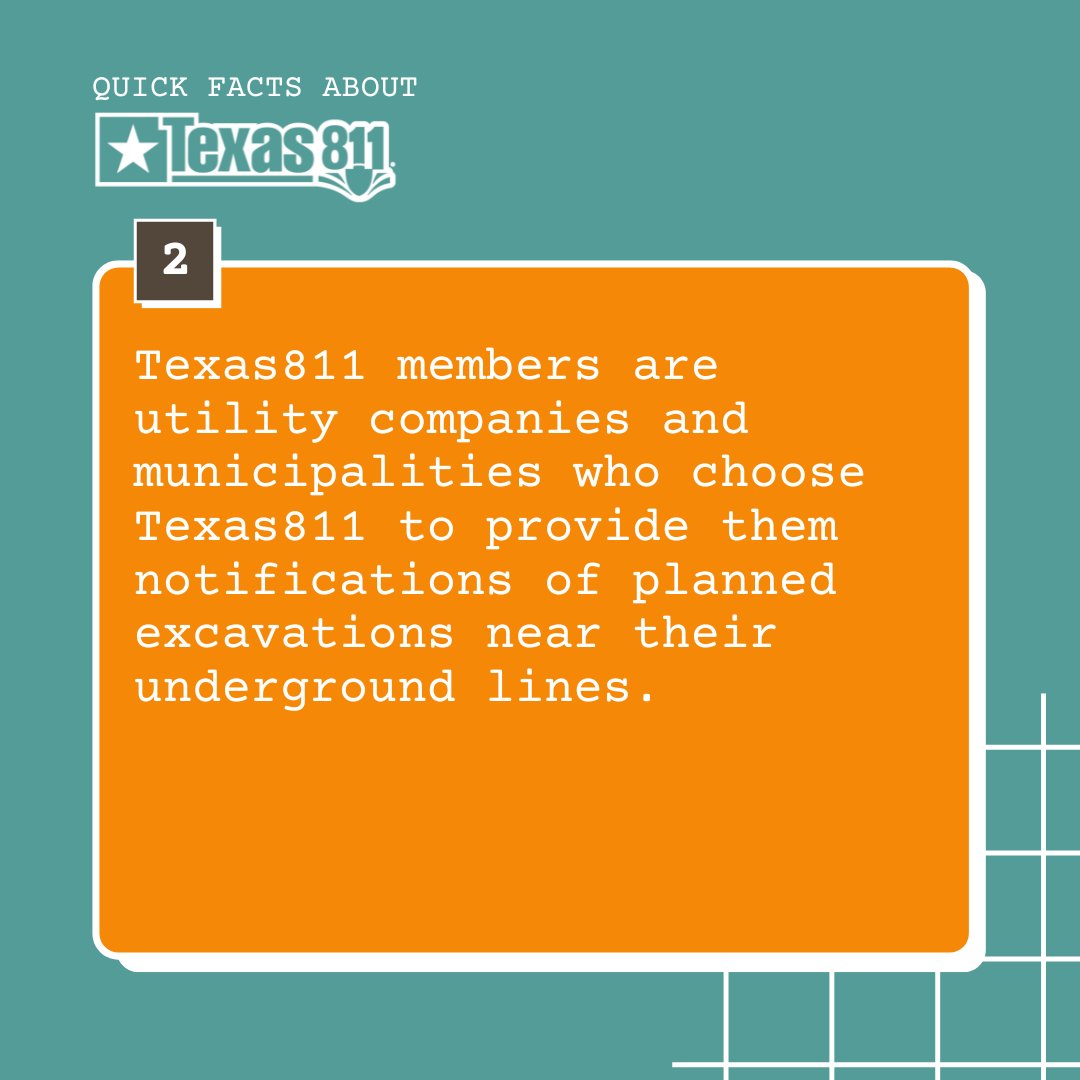 texas811's tweet image. Check out these four quick facts about Texas811.

For more info, visit: texas811.org/about-us

#Texas811 #UtilityMembers #EveryDigCounts #KnowWhatsBelow