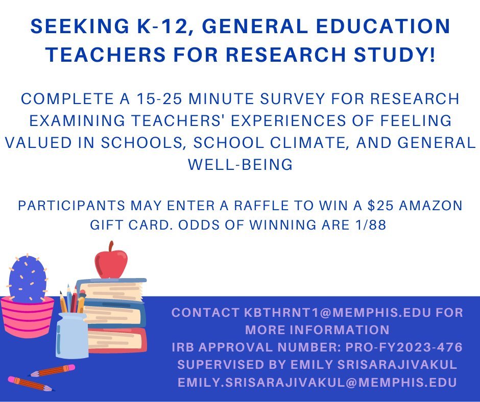K-12 teachers, please take some time to complete this brief survey on teacher perceptions, well-being, and school climate!! Please r/tweet :) @TxTechChick 
memphis.co1.qualtrics.com/jfe/form/SV_bj…