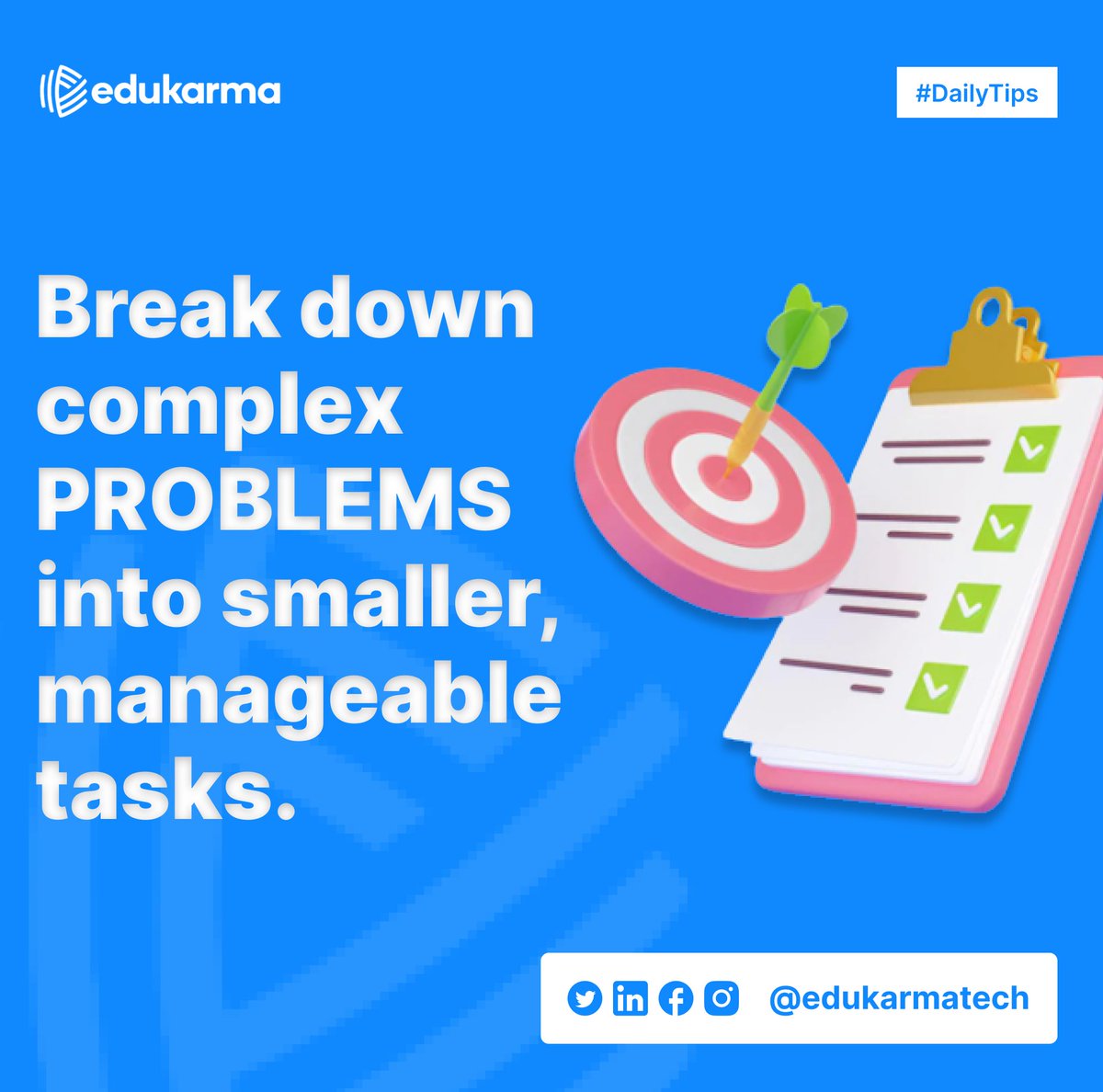 EduKarmaTech's tweet photo. Breaking down the big task into smaller ones makes it less daunting. It's like putting together a puzzle--one piece at a time.

#productivity #selfdevelopmenttips #tech #techies #africanschool #edukarma #atomichabits #eatthatfrog https://t.co/kZnaPrkVXX