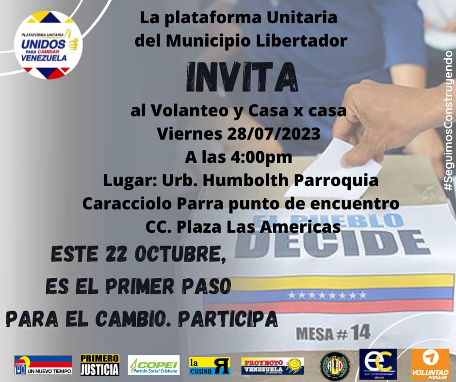 PUDmerida's tweet photo. #28JUL continuamos con el Activismo de Calle, el día de hoy será en la Urb. Humboldt parroquia Caracciolo Parra punto de encuentro CC Plaza las Américas, a las 4:⁰⁰pm, es una actividad conjunta a la PUD Mérida.

#OrganizadoXlasPrimaria https://t.co/e6a6MBe8Bs