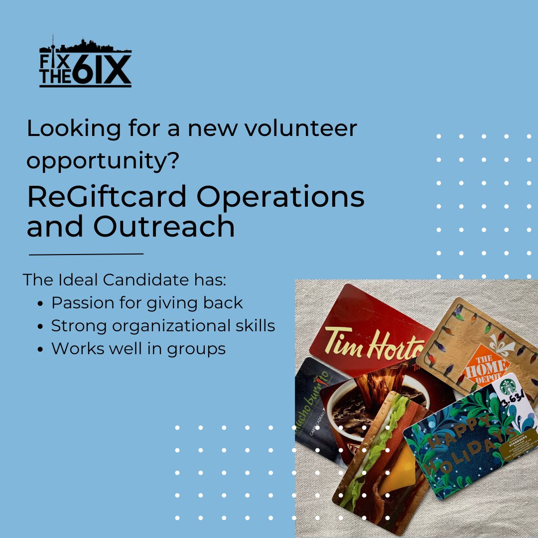 fix6ix's tweet photo. Calling all #volunteers! Fix the 6ix is looking for a ReGiftcard Operations and Outreach volunteer. Our #ReGiftcard Program is responsible for reaching out to local businesses, &amp; collecting &amp; organizing gift cards! Apply now! https://t.co/Pjsj0oHYHF https://t.co/6jMQYBzceV