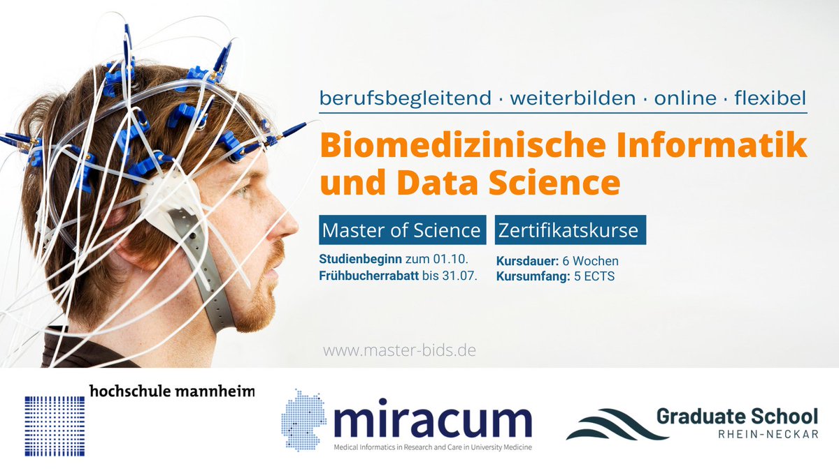 Biomedizinische Informatik & Data Science M.Sc. (@masterbids) on Twitter photo Für Kurzentschlossene: Noch gibt es freie Studienplätze im #MasterBIDS (Start: Okt.'23). Nutzt die Gelegenheit und besucht die Info-Session am Mo. 14.08. ab 16:30 Uhr. Zoom: cutt.ly/kvs2KCR weitere Infos auf master-bids.de <a href="/MIRACUM_de/">MIRACUM</a> <a href="/MII_Germany/">Medizininformatik-Initiative</a> <a href="/gmdsEV/">GMDS e.V.</a> <a href="/bvitg/">Bundesverband Gesundheits-IT</a> Für Kurzentschlossene: Noch gibt es freie Studienplätze im #MasterBIDS (Start: Okt.'23). Nutzt die Gelegenheit und besucht die Info-Session am Mo. 14.08. ab 16:30 Uhr. Zoom: cutt.ly/kvs2KCR weitere Infos auf master-bids.de <a href="/MIRACUM_de/">MIRACUM</a> <a href="/MII_Germany/">Medizininformatik-Initiative</a> <a href="/gmdsEV/">GMDS e.V.</a> <a href="/bvitg/">Bundesverband Gesundheits-IT</a>