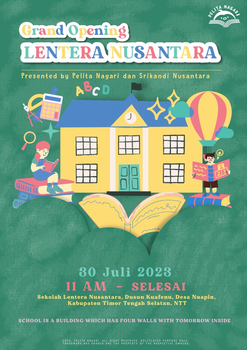 ㅤㅤ

Cerdaskan kehidupan bangsa, Lentera Nusantara hadir ‘tuk wujudkan asa putra putri bangsa.
Habis gelap terbit terang, masa depan cerlang.

GRAND OPENING,
𝗟𝗘𝗡𝗧𝗘𝗥𝗔 𝗡𝗨𝗦𝗔𝗡𝗧𝗔𝗥𝗔.
Minggu, 30 Juli 2023.

#PeNaInAction
#LenteraNusantara
ㅤㅤ
ㅤㅤ