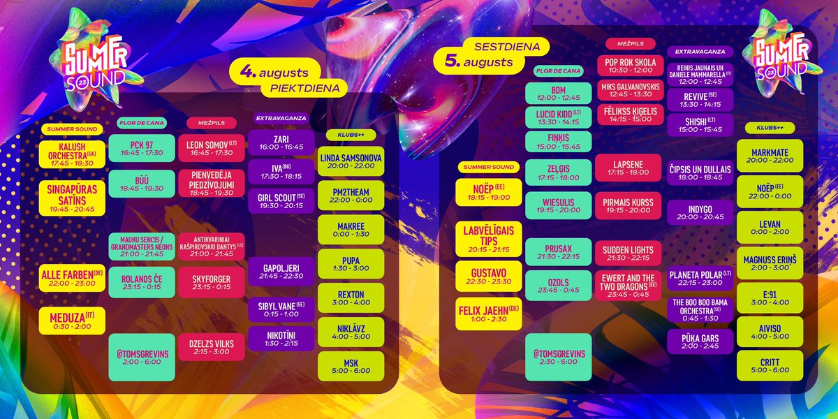 LINE UP IS UP! 🔥 
Tagad tikai katram jāsaliek sava kustību loģistika, cikos un pie kuras skatuves jābūt! 💪🏻 
#summersound2023 #sammerītis #lineup