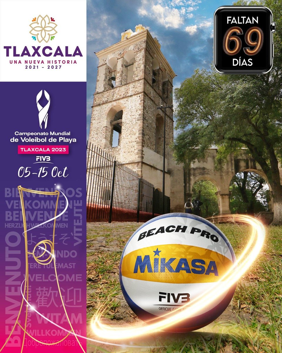 Estamos a 69 días del Campeonato Mundial de Voleibol de Playa, #Tlaxcala 2023‼️#CMVPT2023🟣
Del 5 al 15 de Octubre, nos visitarán 192 Atletas de más de 30 países, 216 partidos en 10 días de Competencia. 🌐Página oficial del evento en: mundialtlaxcala2023.com
#UnaNuevaHistoria