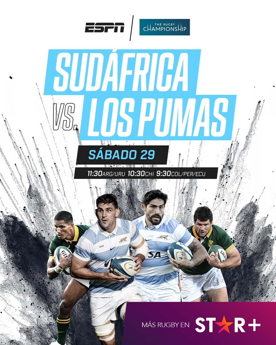 En el Ellis Park Stadium, #LosPumas visitarán a los Springboks por la tercera y última fecha del #RugbyChampionship. 🎤 @AlejandroCoccia - @albanesediego - @HERNANDEZJUANI - @ZucaConti 📆 Sábado 29 ⏰ 11:30 ARG ⭐ @StarPlusLA: dis.la/TheRugbyChampi… 📺 ESPN #ESPNenStarPlus