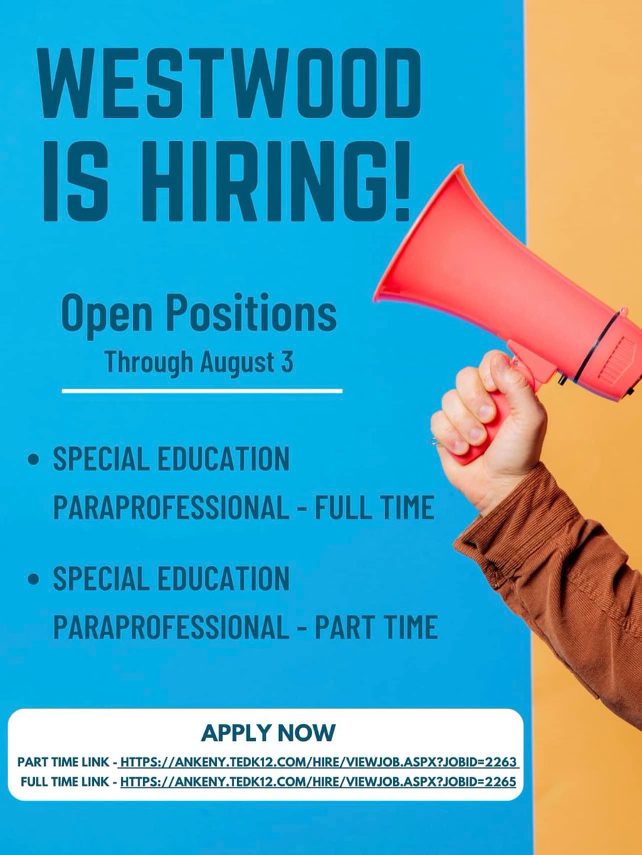 Come work with our amazing team in Ankeny!

Part Time Link - ankeny.tedk12.com/hire/ViewJob.a…
Full Time Link - ankeny.tedk12.com/hire/ViewJob.a…