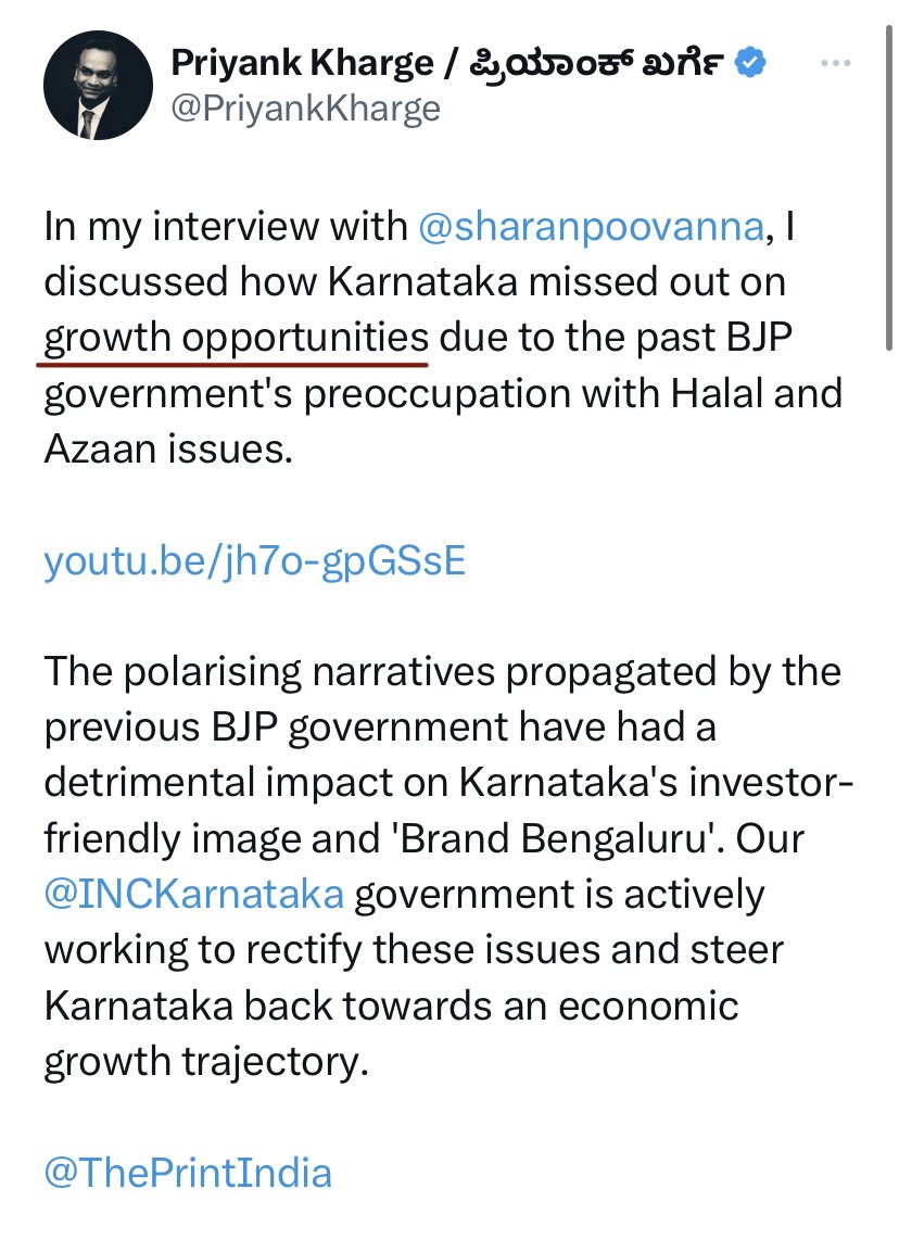 Media: So what's ur plan for next 5 years.

@PriyankKharge: We wont do Halal, Azaan or Hijaab.

M: Thats good. So what's ur plan for next 5 years?

PK: We won't do communal politics.

M: Ok. So what's the plan for development of #Karnataka

PK: We are setting a FactFinding team.