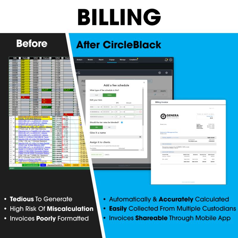 It’s critical for RIA's to deliver simple, accurate, easy to understand invoices &amp; collect fees.   CircleBlack is here to help – our all-in-one platform includes professional looking invoicing and billing capabilities that simplify the fee calculation and collection process.