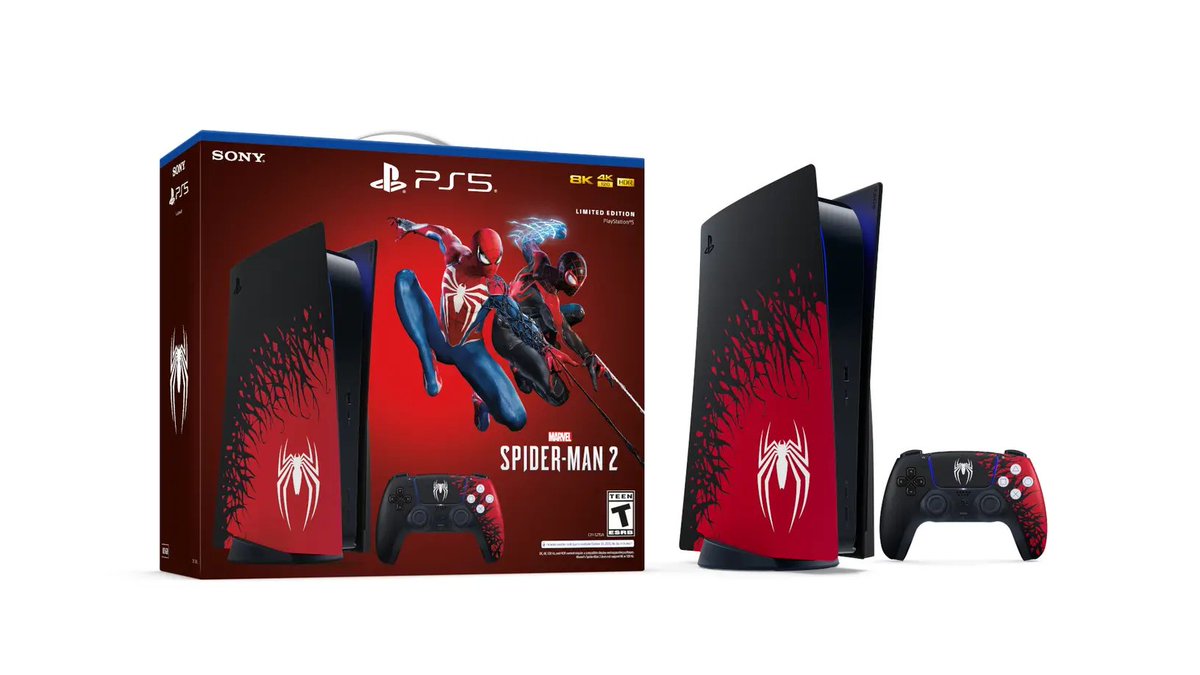 Wario64's tweet photo. Spider-Man 2 PS5/accessories up at PS Direct:

DualSense https://t.co/kOuUjfel2Q
Cover (Disc) https://t.co/SBUyPumokF
Cover (Digital) https://t.co/e90PxQQtUg
PS5 Bundle https://t.co/HrniY59xvA https://t.co/4EkiONjOd2