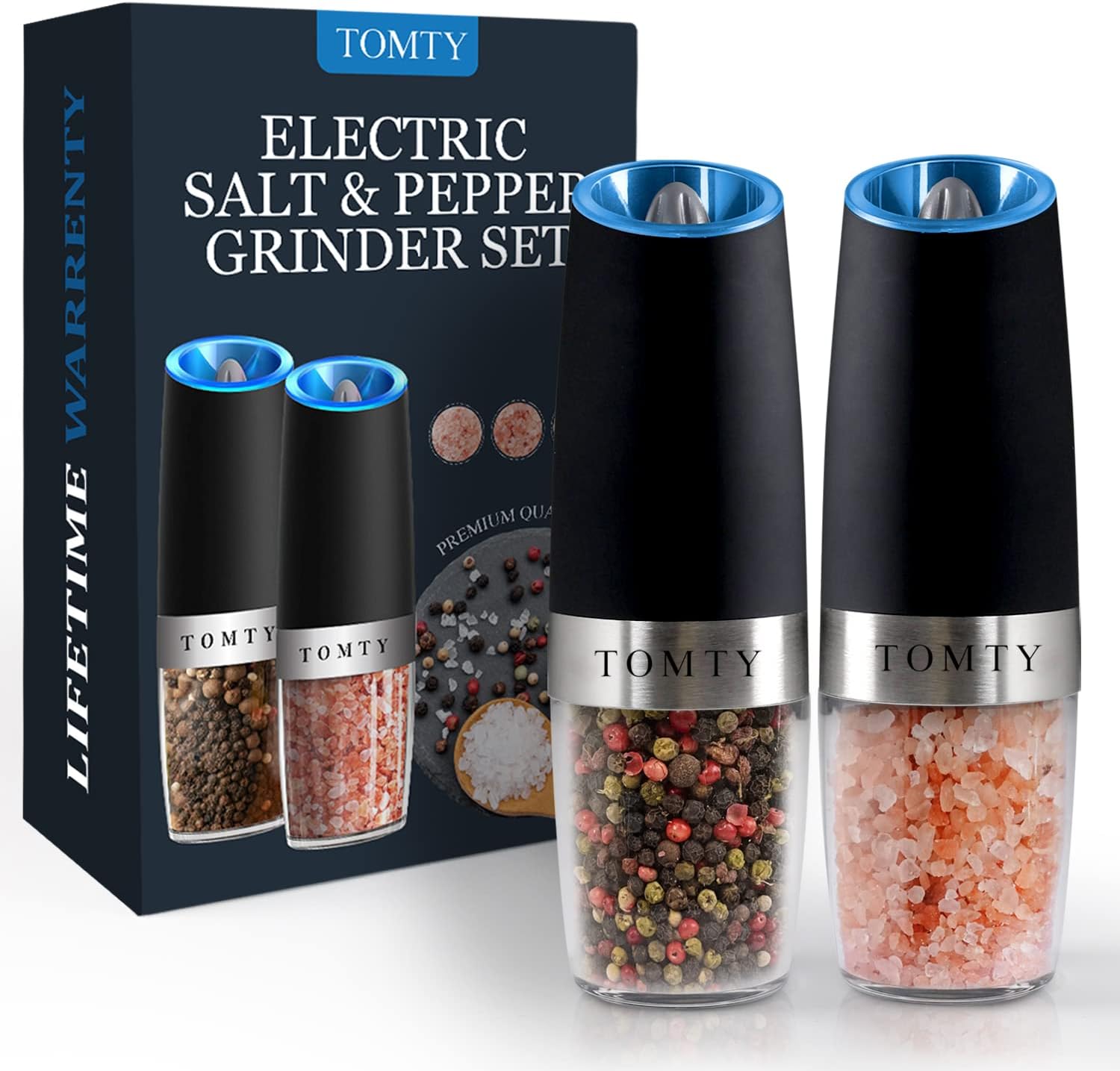 July Home Gravity Electric Salt and Pepper Grinder Set - Battery Operated, Adjustable Coarseness, One Hand Operation Electric Pepper Grinder with LED