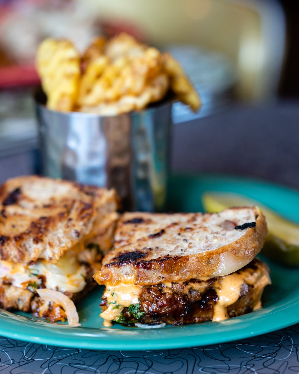 "I know we ordered this to split.. but I'm definitely going to finish this myself." 

Bulgogi Steak &amp; Cheese: Bulgogi shaved steak with cheddar &amp; American cheese, pickled onion slaw, cilantro &amp; Gochujang aioli – on 7 grain sourdough bread with waffle fries &amp; a Grillo’s pickle.