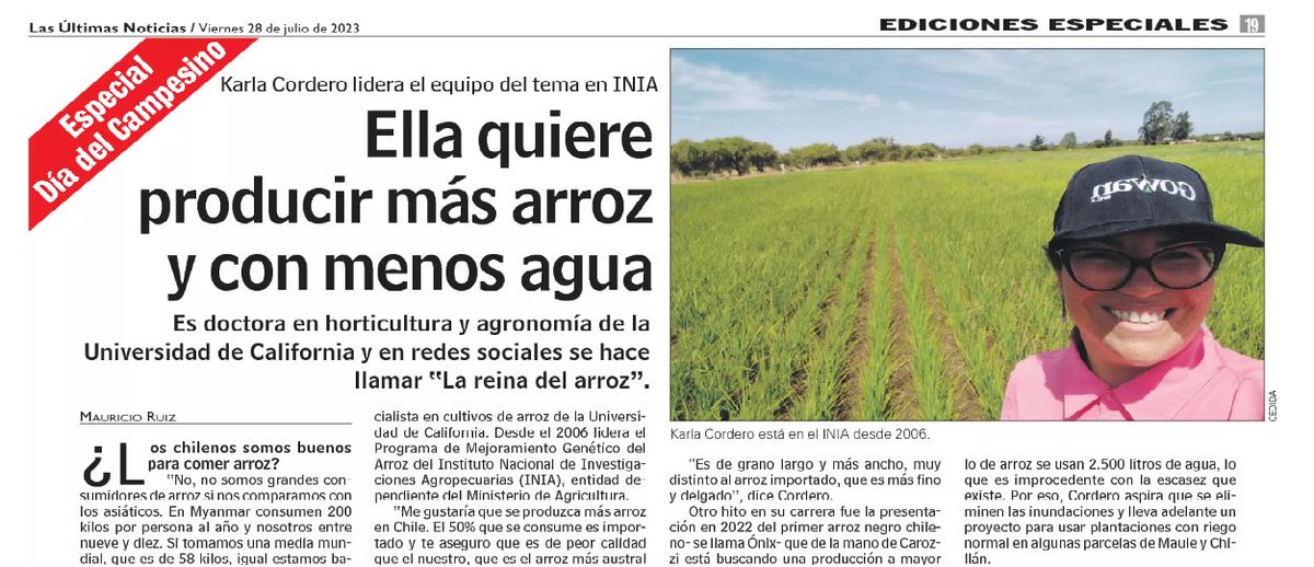 Agradecemos a <a href="/lun/">Las Últimas Noticias</a> por destacar el aporte de nuestra investigadora <a href="/Kcordero_lara/">Karla Cordero Lara</a> de <a href="/iniaquilamapu/">INIA Quilamapu</a> en el desarrollo de la producción de arroz nacional, generando variedades aptas para los desafíos de los agricutores/as arroceros🌾

📲t.ly/v2H9v