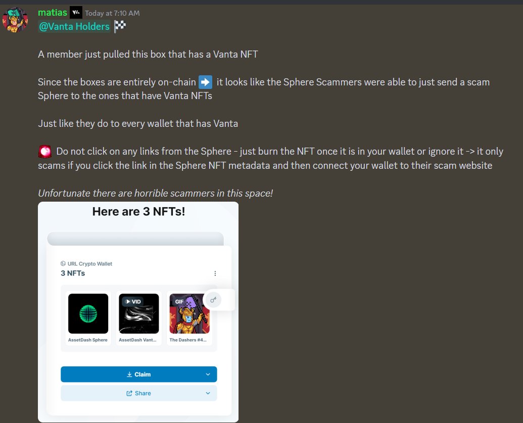 ThePandaBarry's tweet photo. @assetdash Also, yes, I am aware that the Sphere is a phishing NFT, likely sent to the wallet which was holding the Vanta NFT prior to opening my loot box.

If you get a sphere, burn it or leave it alone.

Thanks to the team for the quick announcement for anyone who may have got one.🤝♥️ 🫡 https://t.co/Cvz38HeUal