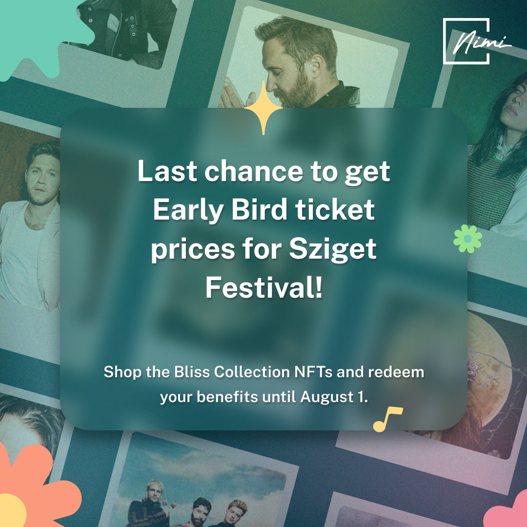 You can still enjoy Early Bird ticket prices for this year's @szigetofficial!🥳

👉 Get your Bliss Collection NFT, redeem your benefits by August 1 and enjoy Early Bird ticket prices for the festival:
nimi.live/collections/sz…

#szigetvibes #SzigetFestival #SzigetNFTclub