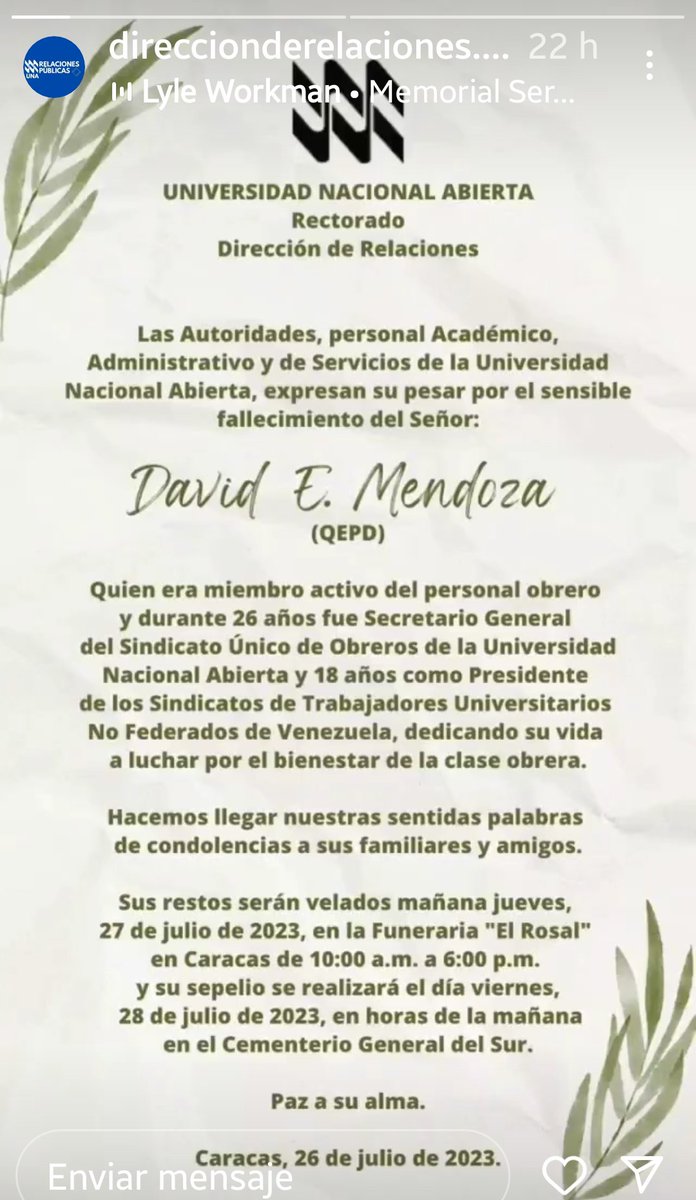 Todo el personal de la Unidad de Apoyo San Antonio de Los Altos, lamentamos el sensible fallecimiento de nuestro compañero David Mendoza. Nuestras condolencias a sus hijos, familiares y amigos. Que brille para el la luz perpetua. Descansa paz David. 🙏🕊️🕯️✝️ 🛐