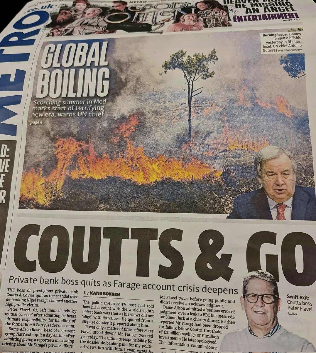 MariaMo32975161's tweet photo. London Metro where Farage on a par with global warming. Hope all Brexiteers reading his nauseating self congratulation are happy when their local bank shuts! #TorySewageParty #GlobalWarming #CouttsGate #BrexitDisaster #FollowBackFriday https://t.co/yeCb2glflm