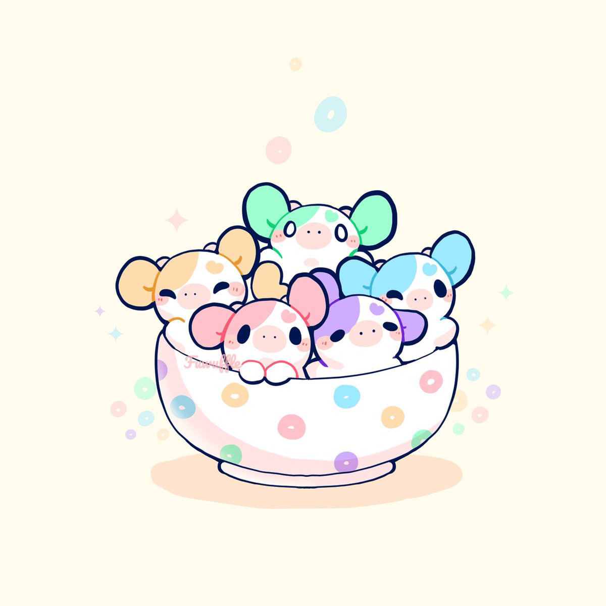 fuwuffle's tweet photo. Don’t forget to eat your breakfast! 🥣 What’s your go-to breakfast? 👀 

This was inspired by a cute cereal bowl I saw recently and because I keep thinking of “fruit moos” as a pun! 😂 One day, I hope to make cute character mugs and bowls~ 🥰

#fuwuffle #pastelcows #cuteart https://t.co/sybCkAsSoU