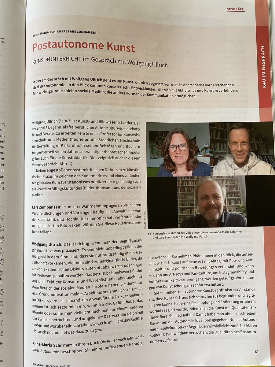Bin sehr erfreut, dass wir für die aktuelle Folge unserer Serie KUNST+UNTERRICHT im Gespräch <a href="/ideenfreiheit/">Wolfgang:Ullrich</a> gewinnen konnten für ein spannendes Interview zur postautonomen Kunst! Danke für die wie immer so unkomplizierte Zusammenarbeit 🙏 #twlz <a href="/anna_m_schirmer/">Anna-Maria Schirmer</a> @friedrichverlag