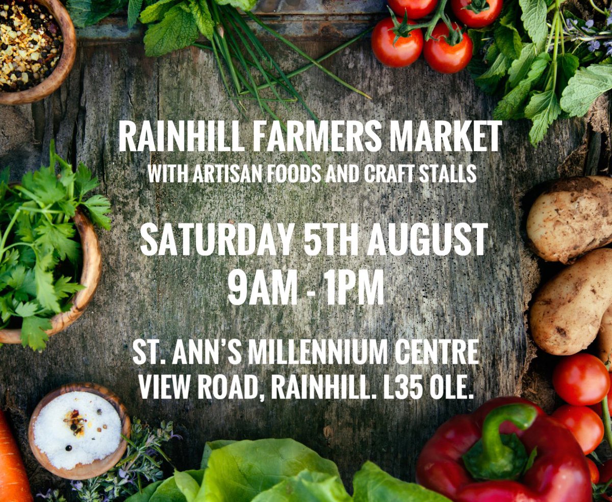 RAINHILL FARMERS MARKET. SATURDAY 5th AUGUST 9am-1pm Put the date in your diary and come and pay us a visit, lots of fresh vegetables, seafood, breads, cakes, preserves and artisan crafts, then wander in to Rainhill. #rainhill #sthelens #prescot #farmersmarket #crafts #gifts