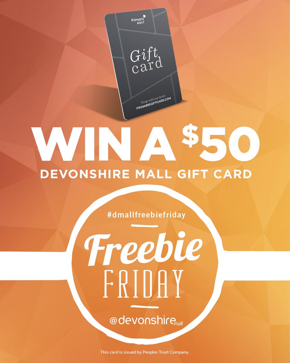 IT’S FRIDAY! Retweet, like or comment to win a $50 Devonshire Mall Gift Card using #dmallfreebiefriday Triple your chances of winning by entering on IG and Facebook. Winner picked at 3pm GO! #dmallgiftcard #primarisgiftcard #nofees #noexpiry #tgif #yqg