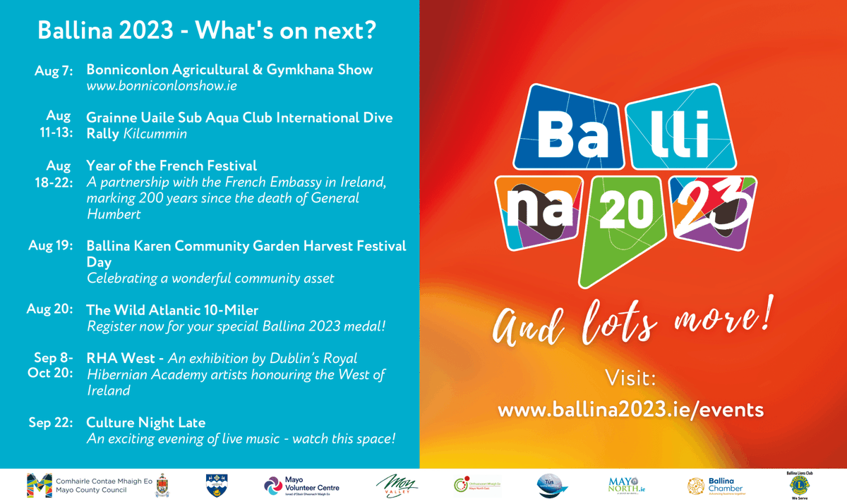 ballina2023's tweet photo. What a year it's been so far... and there is still so much to come! Make sure to save these dates in your diary. ๐
Who are you bringing along? Tag a friend below! ๐
#UpcomingEvents #MyBallina #BallinaEvents #Ballina2023Celebrations #LoveBallina #WhatsOnInBallina #CountyMayo https://t.co/uDbWmolFWP