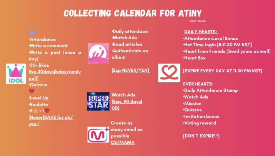 Atiny_Project's tweet photo. Hello #ATINY! We have a collecting apps calendar for @ATEEZofficial where you can check collecting plans &amp; prepare for the future important #ATEEZ voting polls! Let's start to collect in these apps and prepare for ongoing/end of year award/future cb/bday/anniversary polls. https://t.co/UjJzZaMIog