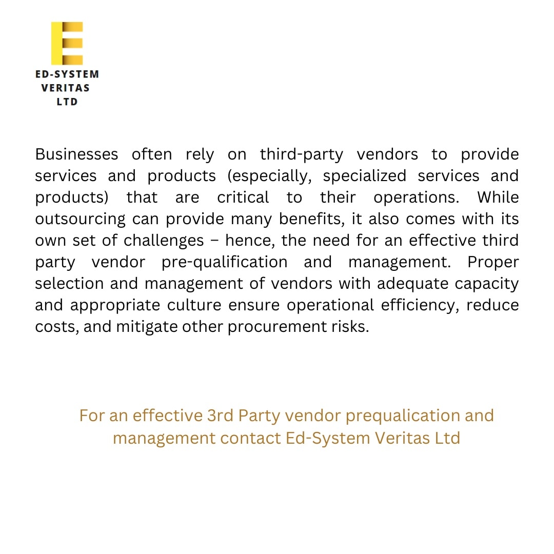 edsystemveritas's tweet photo. To reduce procurement risk, improve sourcing efficiency and transparency there is need for an effective supplier prequalification and  management system. Ed-System is your best plug for 3rd Party Vendor prequalification and management. #edsystemveritas #vendor #NUPRC #Oildandgas https://t.co/a6au8L1qPm