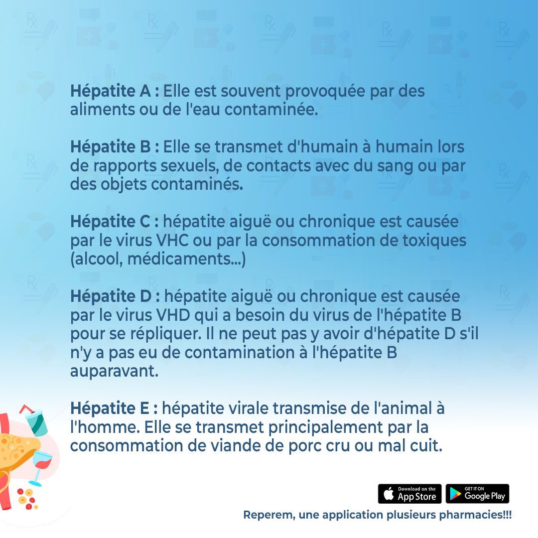 Reperemht's tweet photo. Une hépatite virale désigne une infection par un virus des tissus du foie. On distingue cinq virus principaux de l'hépatite : A, B, C, D et E. L'hépatite se manifeste par une peau jaune (ictère ou jaunisse), une urine foncée, des nausées, des vomissements et des douleurs abdomi… https://t.co/S164Yh6OC2
