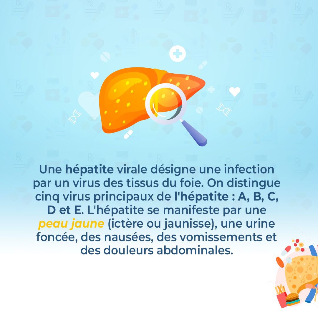 Reperemht's tweet photo. Une hépatite virale désigne une infection par un virus des tissus du foie. On distingue cinq virus principaux de l'hépatite : A, B, C, D et E. L'hépatite se manifeste par une peau jaune (ictère ou jaunisse), une urine foncée, des nausées, des vomissements et des douleurs abdomi… https://t.co/S164Yh6OC2