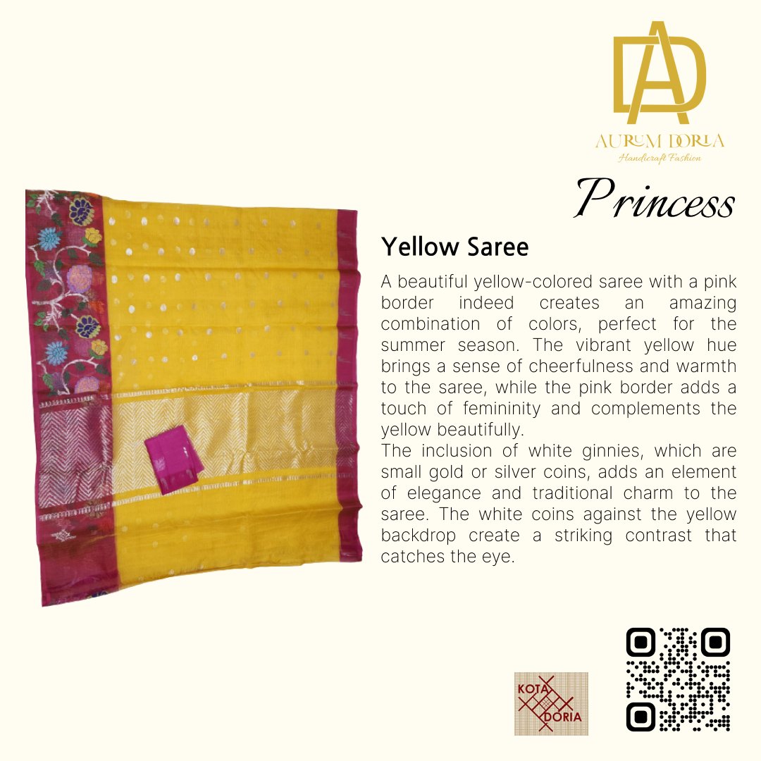 AurumDoria's tweet photo. while the pink border adds a touch of femininity and complements the yellow beautifully.
A true masterpiece by our weavers at https://t.co/9d3qcTzteN
For bookings & orders 📲+91 9214893867
#zarikota #zarikotasarees #handloom #handloomcollection #Kotakarigari #handwovensaree https://t.co/1MxgkcDojI