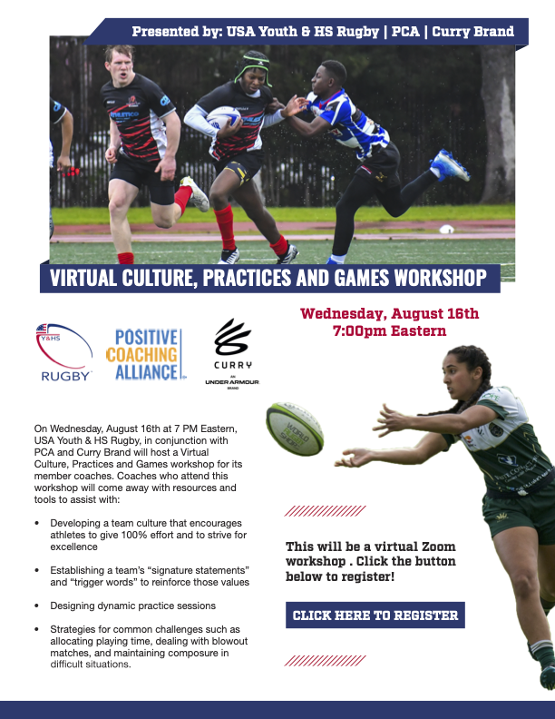 USA Youth &amp; HS Rugby, the Positive Coaching Alliance and Curry Brand to host Virtual Culture, Practices and Games workshop Aug. 16 @ 7pm
wix.to/BaXTRwy