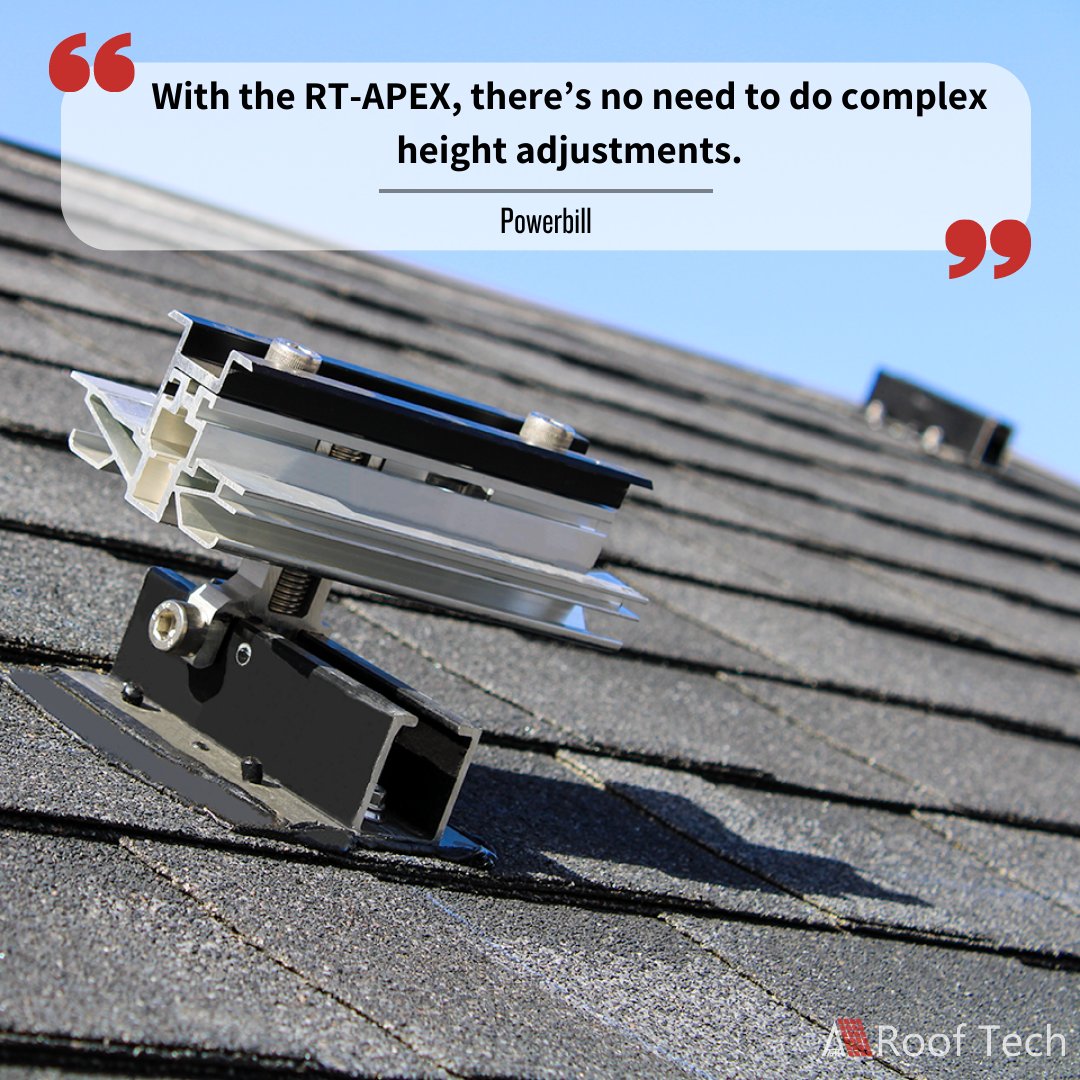 Hailed as the industry’s most advanced rail-less and self-flashing PV mounting system, the RT-APEX features slide-in mounting, universal clamping, one-step leveling, AND integrated flexible flashing.

#testimonial #TalkToMe #rtapex #rooftech #solarracking #SOLAR