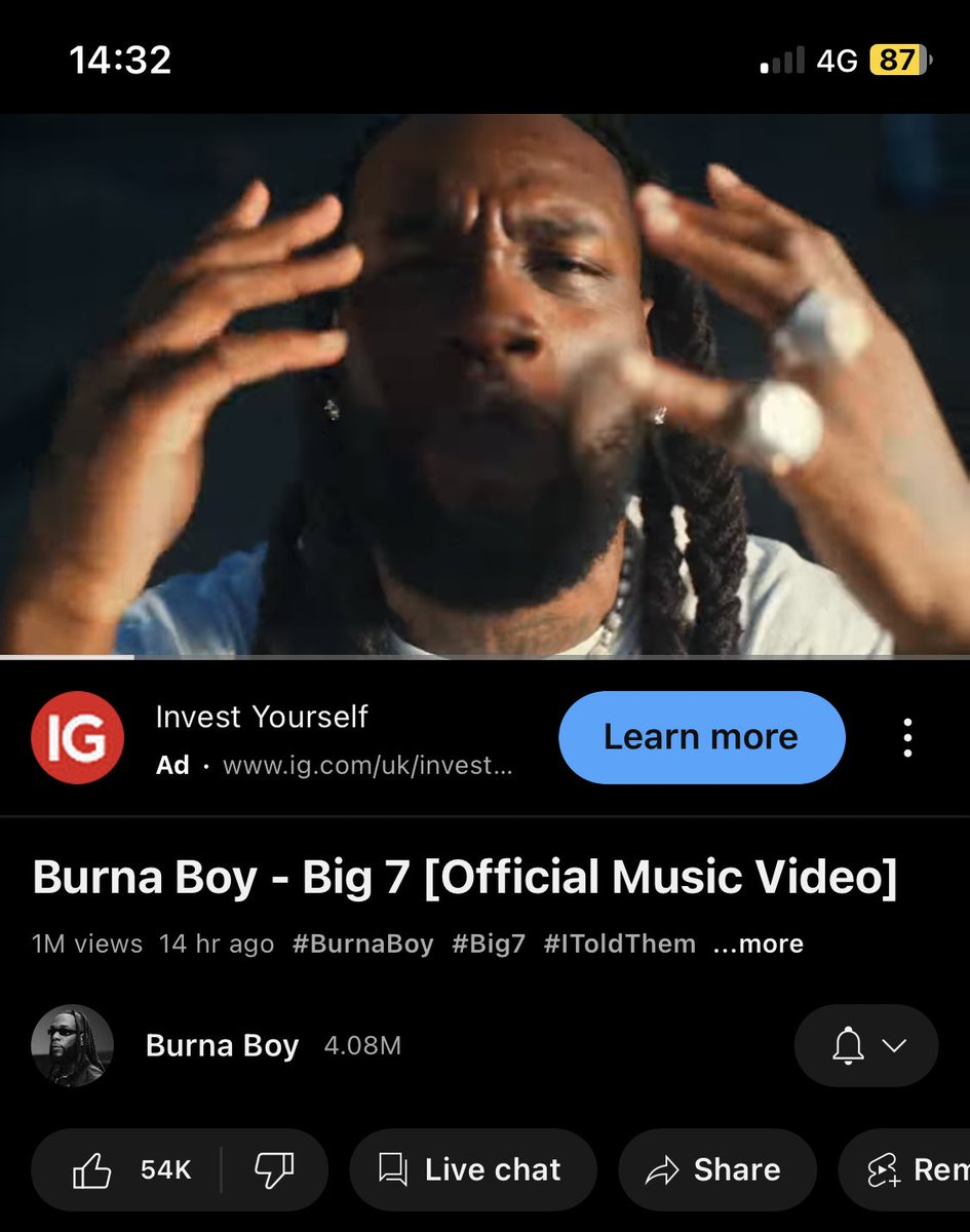 theadeszn's tweet photo. 🚨After 14hrs Burna Boy “BIG 7” video hits 1m views on Youtube. 
#ITOLDTHEM https://t.co/8UBsGCqq0b