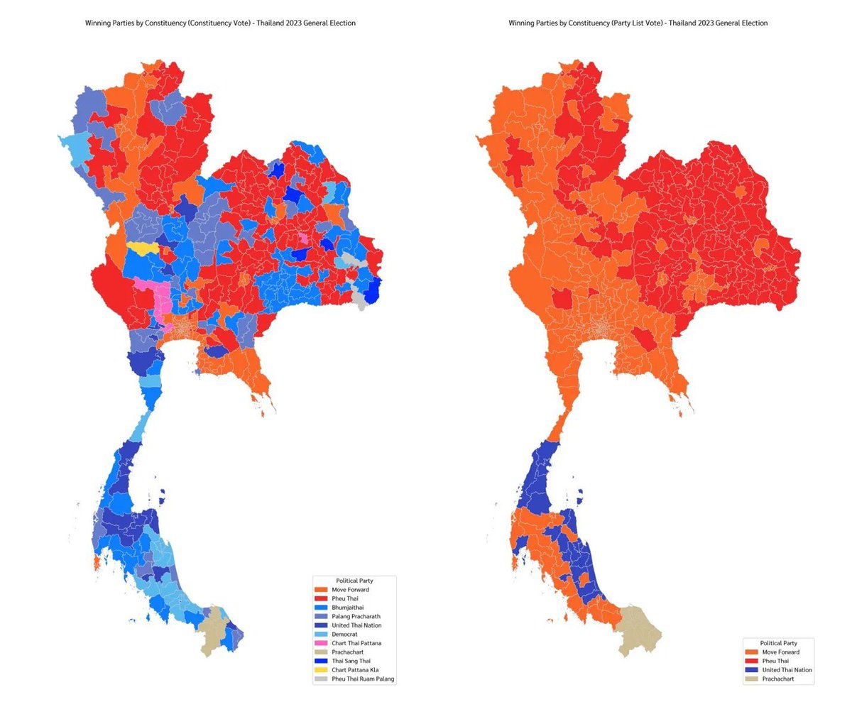 naponjatu's tweet photo. “เลือกคนที่รัก เลือกพรรคที่ชอบ” จากการวิเคราะห์ของผมและ@kenlwrites เราพบว่าในการเลือกตั้งครั้งที่ผ่านมา ประชาชนผู้ใช้สิทธิเลือกตั้งจำนวนไม่น้อยเลือกผู้สมัคร สส.เขตจากพรรคการเมืองคนละพรรคกับที่ตนเลือกในแบบบัญชีรายชื่ออย่างมีนัยสำคัญ คนที่รักไม่ได้สังกัดพรรคที่ชอบเสมอไป (1) https://t.co/iJcAYWg87o