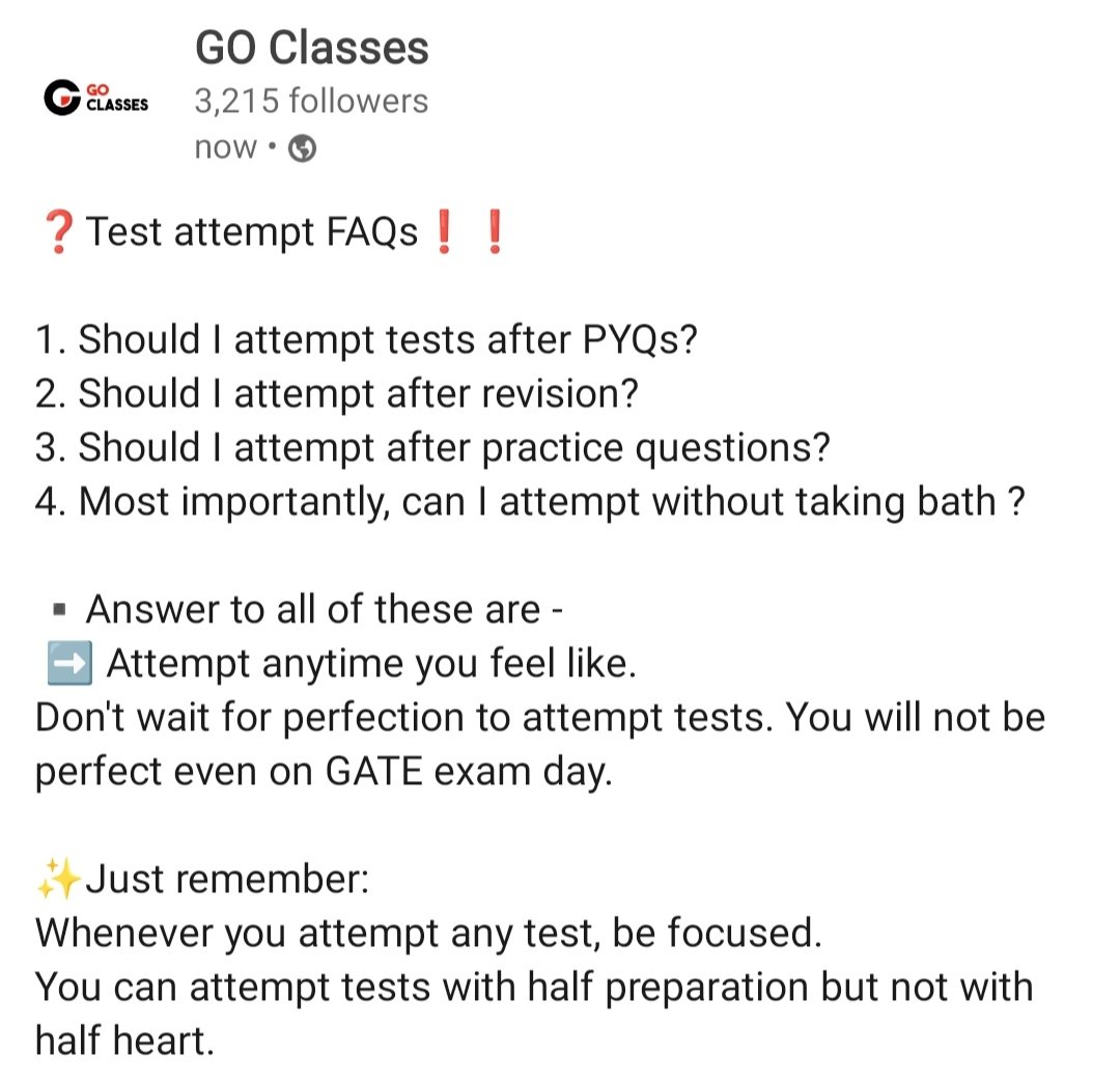 DeepakkPoonia's tweet image. ❓Test attempt FAQs❗❗

@GOClasses_CSE

#testseries #teststrategy #goclasses #gate #gateexam #strategy #test #tests