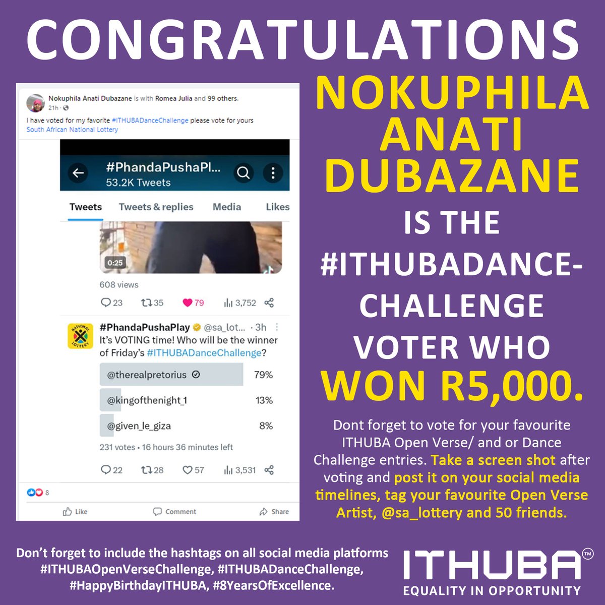 sa_lottery26's tweet photo. Congratulations to Nokuphila Anati Dubazane who managed to BAG the R5,000 VOTER of the week on the #ITHUBADanceChallenge! , #8yearsofExcellence, #salottery. Ts &amp;Cs apply https://t.co/5xJNQ7esCv