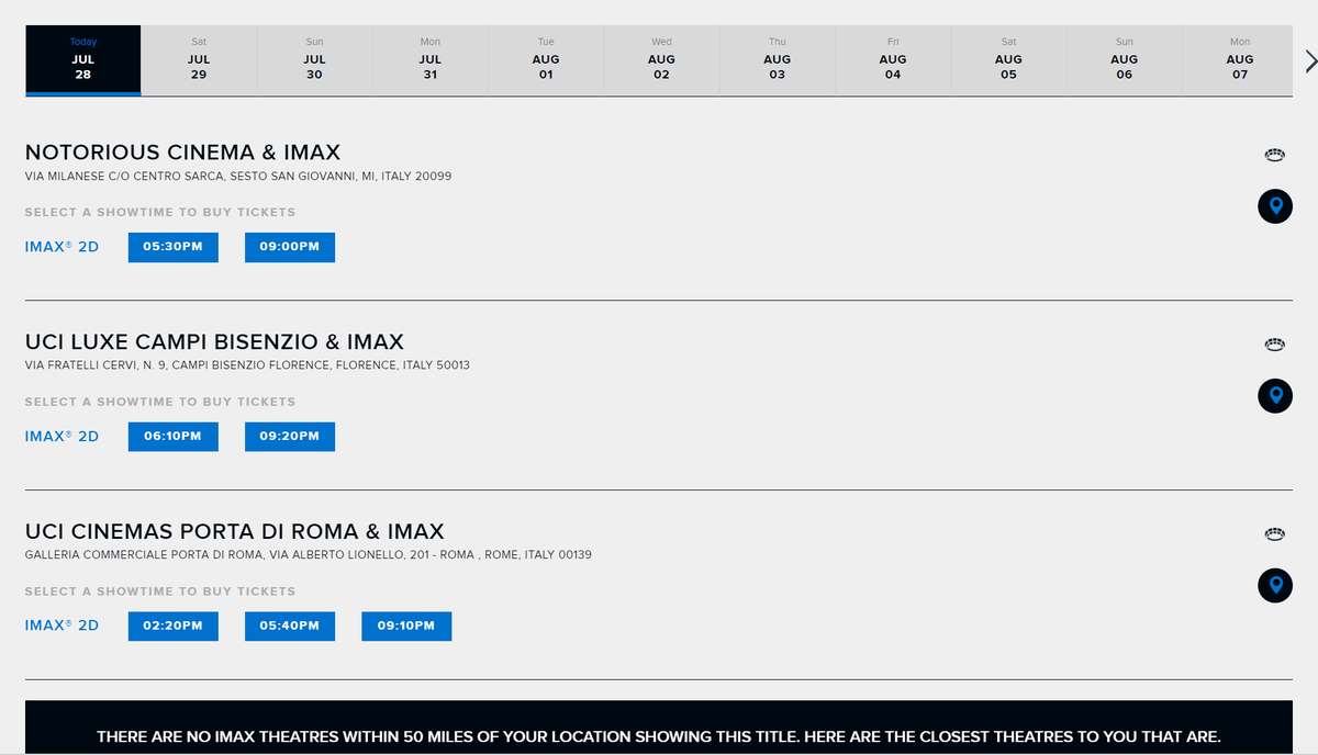 A fun wrinkle on all the #Barbenheimer shake-up. Searching #IMAX's central listings for #MissionImpossible7 shows that the only listings 'near me' are... in Italy... and I am in Birmingham. #Oppenheimer clearly has the absolute monopoly on UK and European IMAX screens.