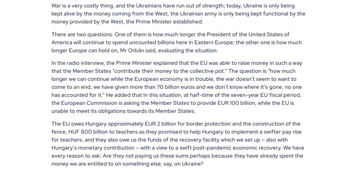 Viktor Orbán's anti-Ukrainian attacks have reached a new level. Orbán alleges that EU funds are withheld from Hungary because Brussels had spent it on supporting Ukraine - which is a clear lie. EU funds are frozen due to rampant corruption and rule of law violations in Hungary.