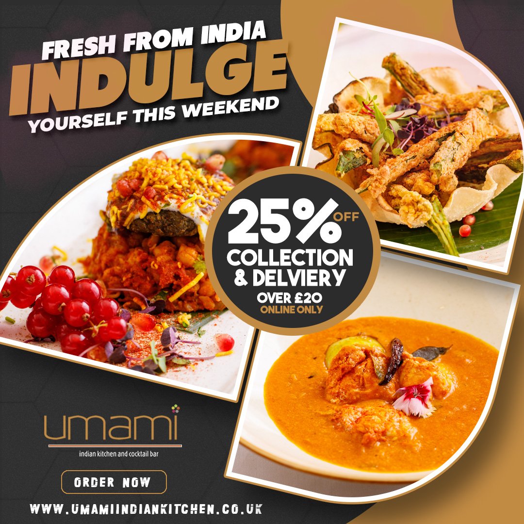 25% OFF on Collection &amp; Delivery orders over £20. Order delicious premium Indian dishes online and have them delivered to your doorstep while enjoying a whopping 25% OFF on both Collection &amp; Delivery orders over £20.

Order online at umamiindiankitchen.co.uk/menu