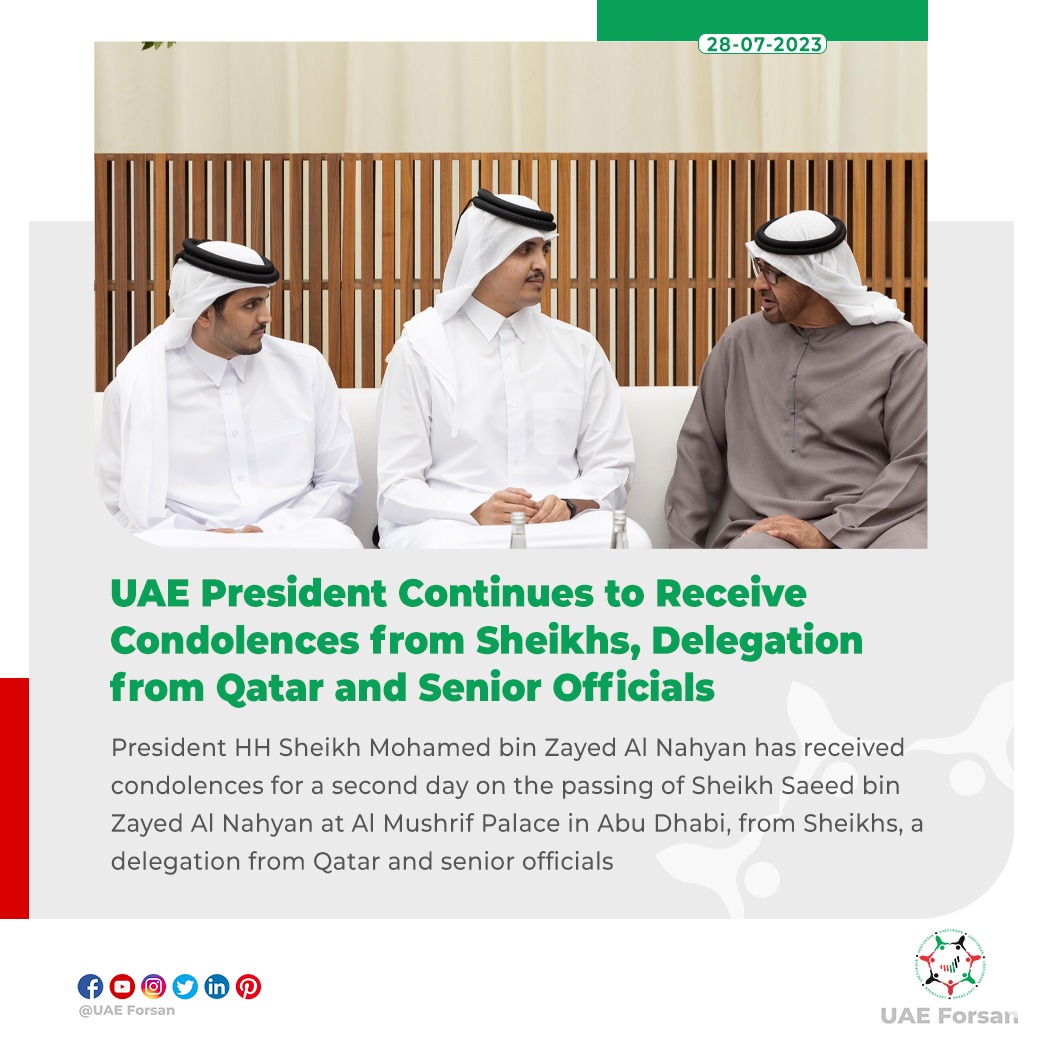 UAE_Forsan's tweet photo. UAE President Continues to Receive Condolences from Sheikhs, Delegation from Qatar and Senior Officials
#AbuDhabi #UAE #SaeedBinZayed #SheikhSaeed #سعيد_بن_زايد
@MohamedBinZayed https://t.co/Ki5S1gb2bH