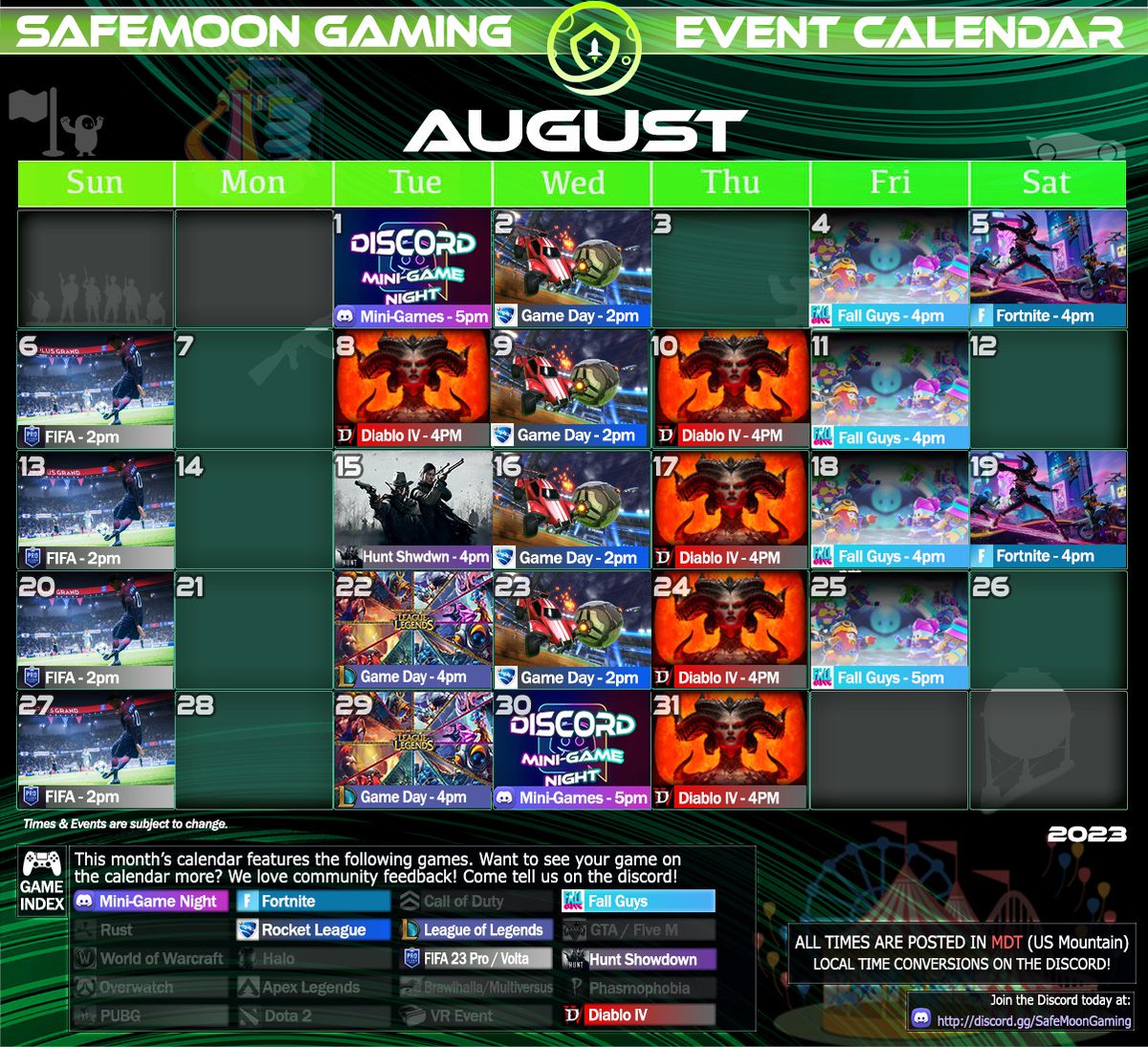 Happy Friday #SafeMoonArmy. The weekend is here and so is our August gaming #calendar. Join the official SafeMoon Gaming Discord where all events are hosted and streamed.

discord.gg/safemoongaming
#safemoon #gamingcommunity