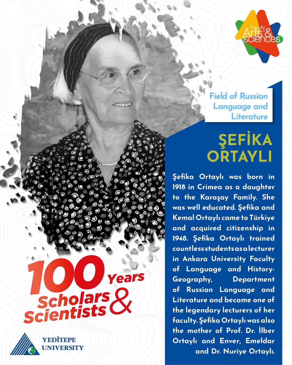 yeditepefef's tweet photo. Cumhuriyetimizin 100. Yılında 100 Bilim/Kültür İnsanı
ŞEFİKA ORTAYLI (1918-2020) 
#yeditepeüniversitesi #yeditepeuniversity #rusdiliveedebiyatı #ŞefikaOrtaylı @Yediteperused 
@YeditepeUni https://t.co/Ps6ZReYpSN