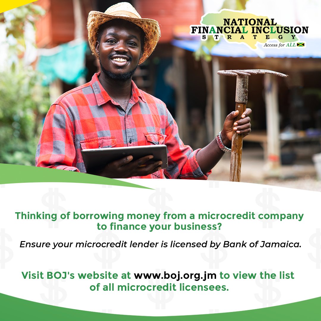 CentralBankJA's tweet photo. Considering a microcredit company to finance your business? It's crucial to prioritize your security! Ensure your microcredit lender is licensed by Bank of Jamaica. Visit https://t.co/V6WhsGAJOA to view the comprehensive list of all licensed microcredit providers. #NFISexplained https://t.co/eZZJvRTwwk