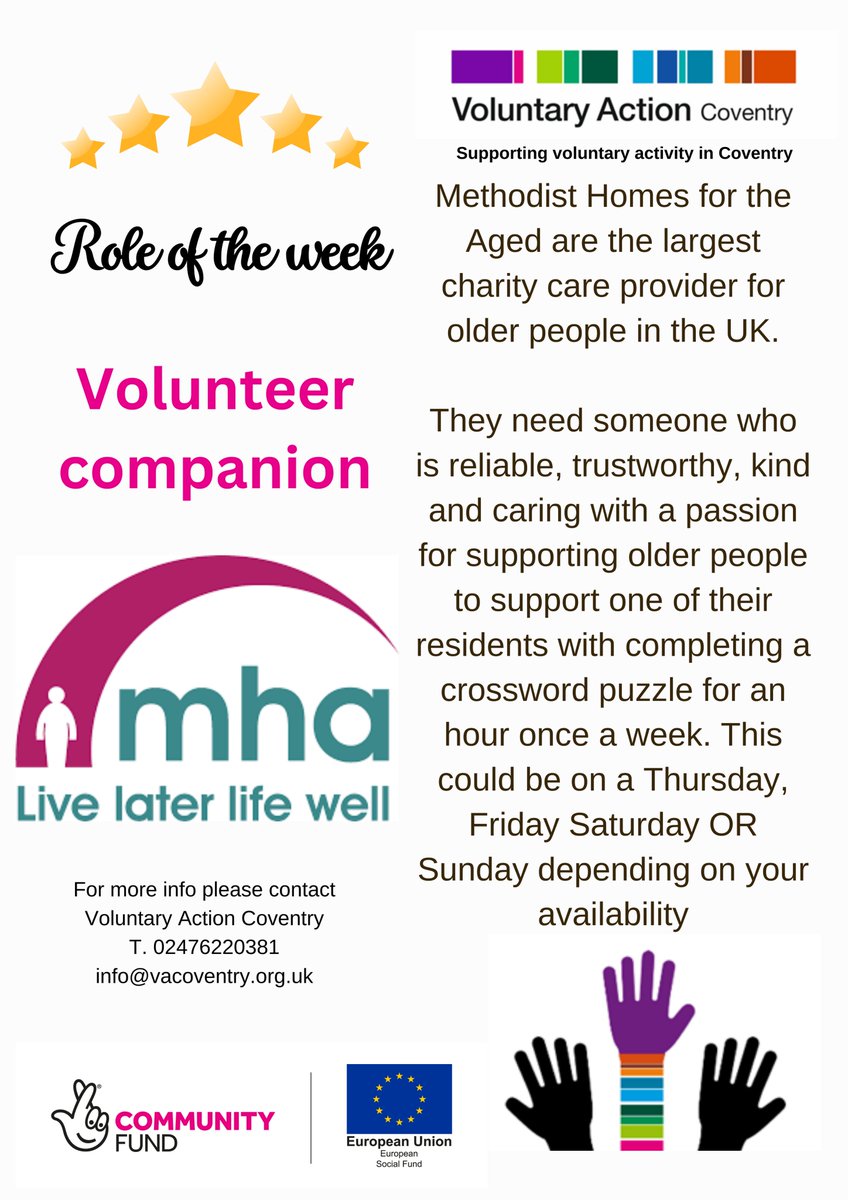 VACoventry's tweet photo. We have a really lovely opportunity for you to make a difference 1-2-1 with a resident of @yourMHA as a #volunteer for our #RoleOfTheWeek
#voluntaryactioncoventry
See more details here: https://t.co/2RtuFVEBqN https://t.co/3zjnUAYDrs